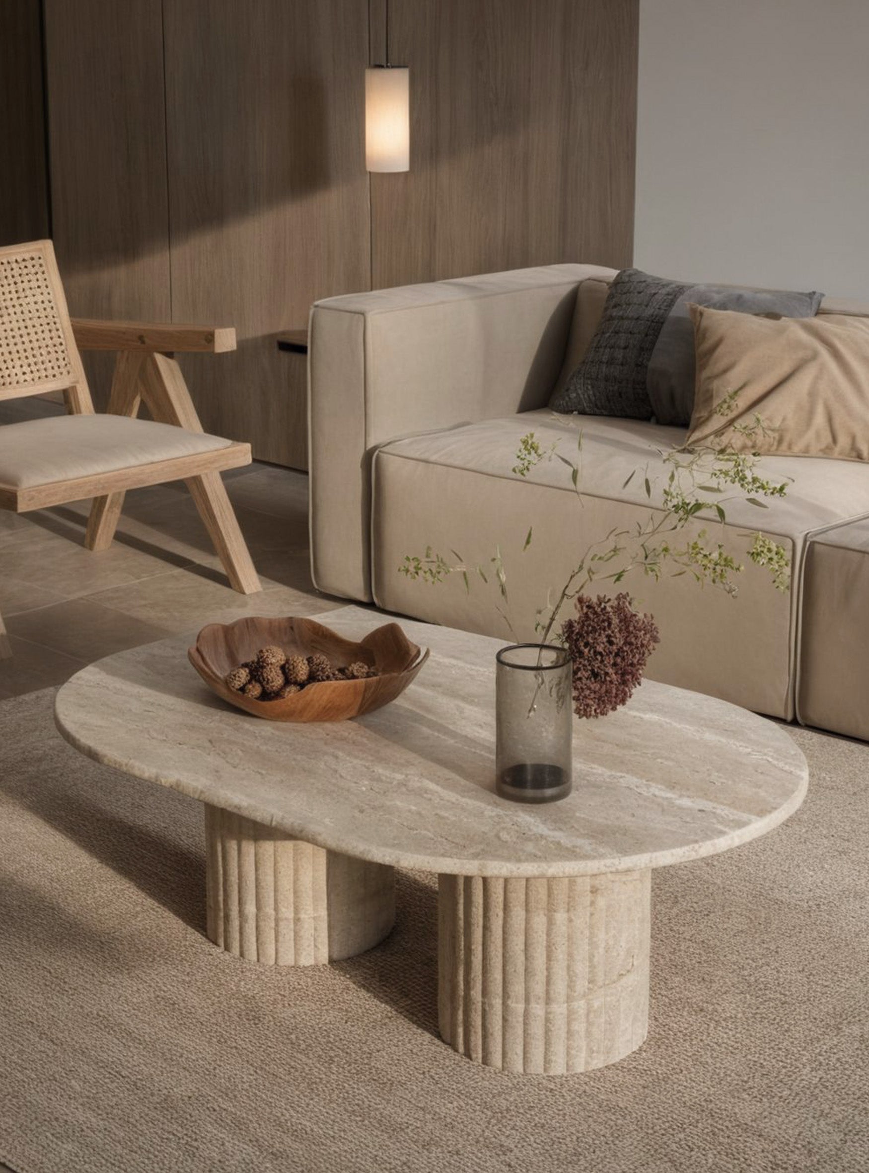 Solid Travertine Coffee Table – Fluted Base