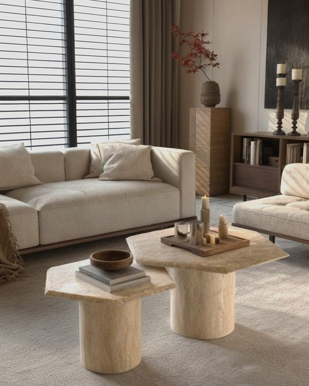 Solid Travertine Coffee Table Duo – Hexagonal Twin