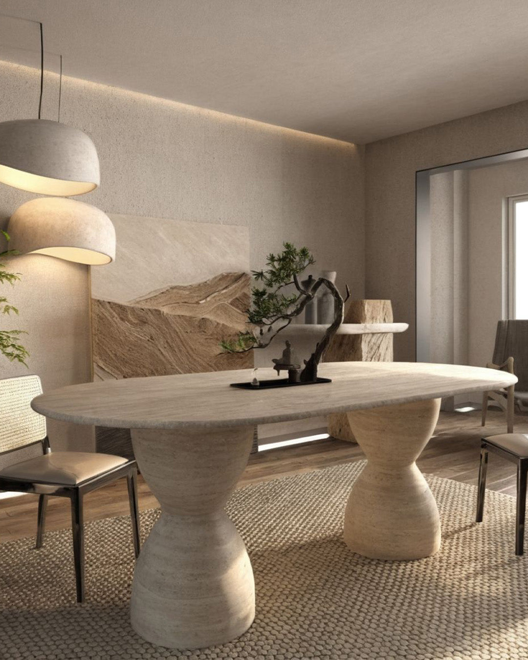 Solid Travertine Dining Table – Oval Hourglass Base