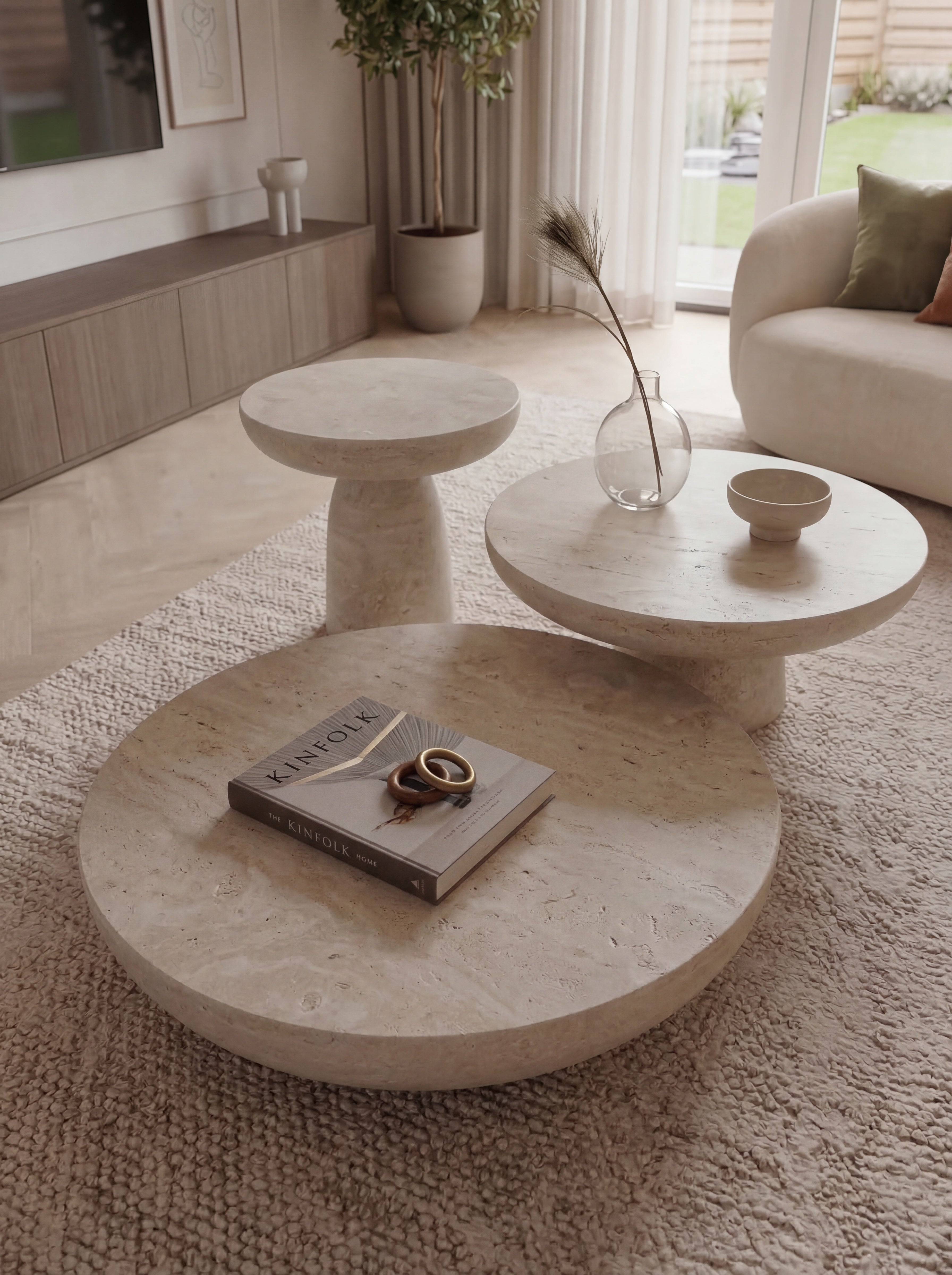 Solid Travertine Coffee Table Set - Monumental Tiered Forms