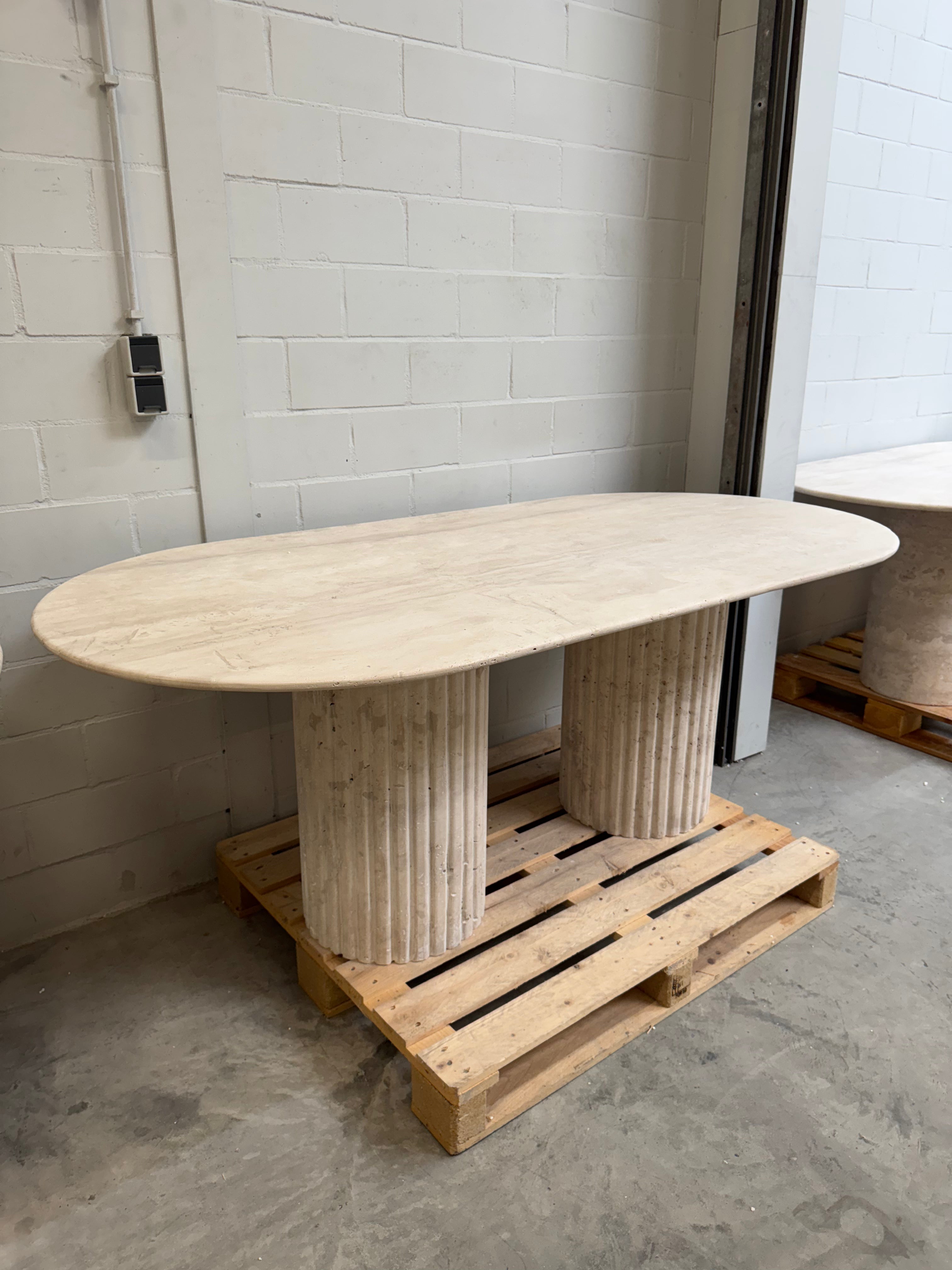Solid Travertine Dining Table – Danish Oval/ Fluted Base 200x100cm #SHOWMODEL