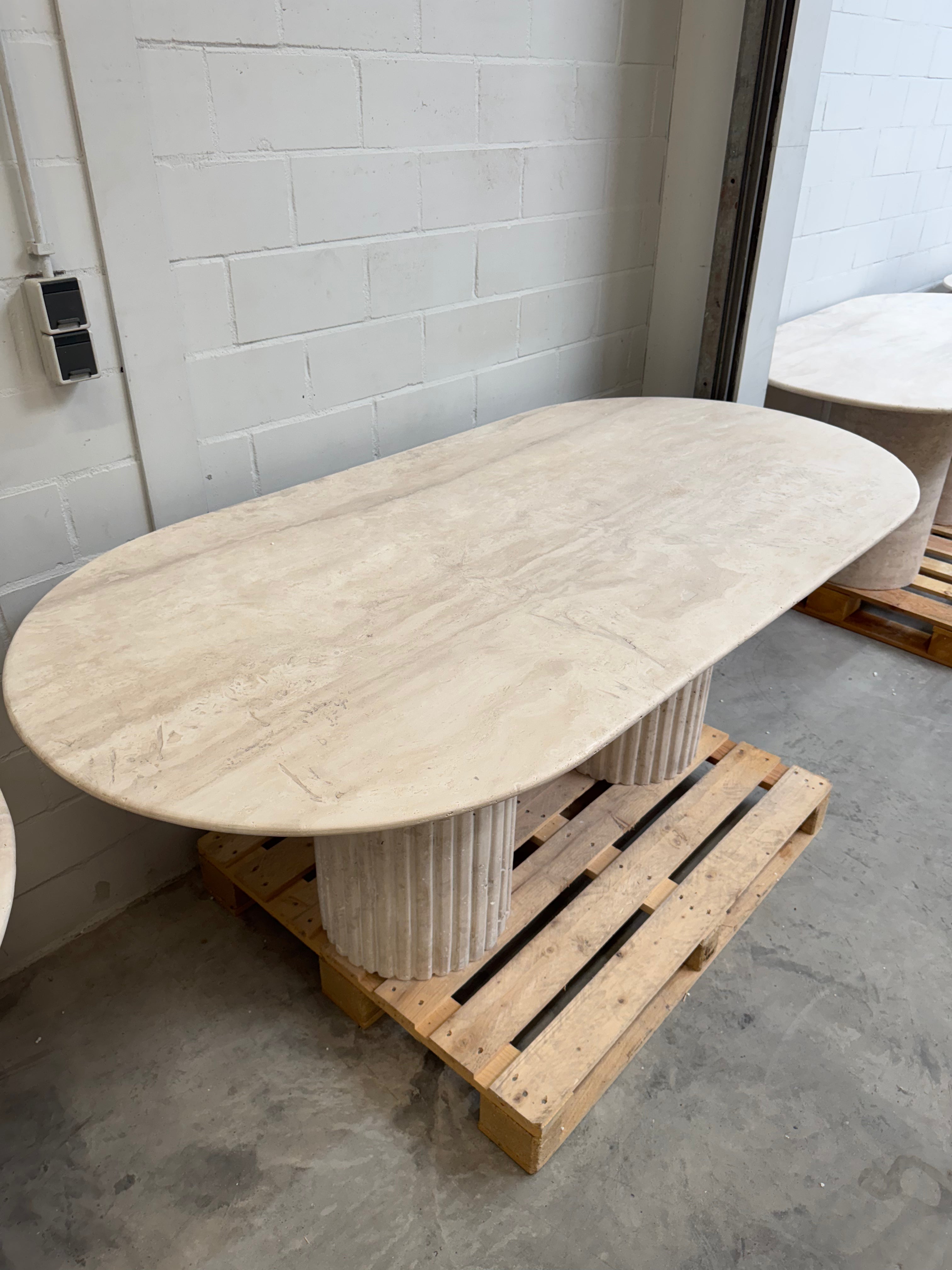 Solid Travertine Dining Table – Danish Oval/ Fluted Base 200x100cm #SHOWMODEL
