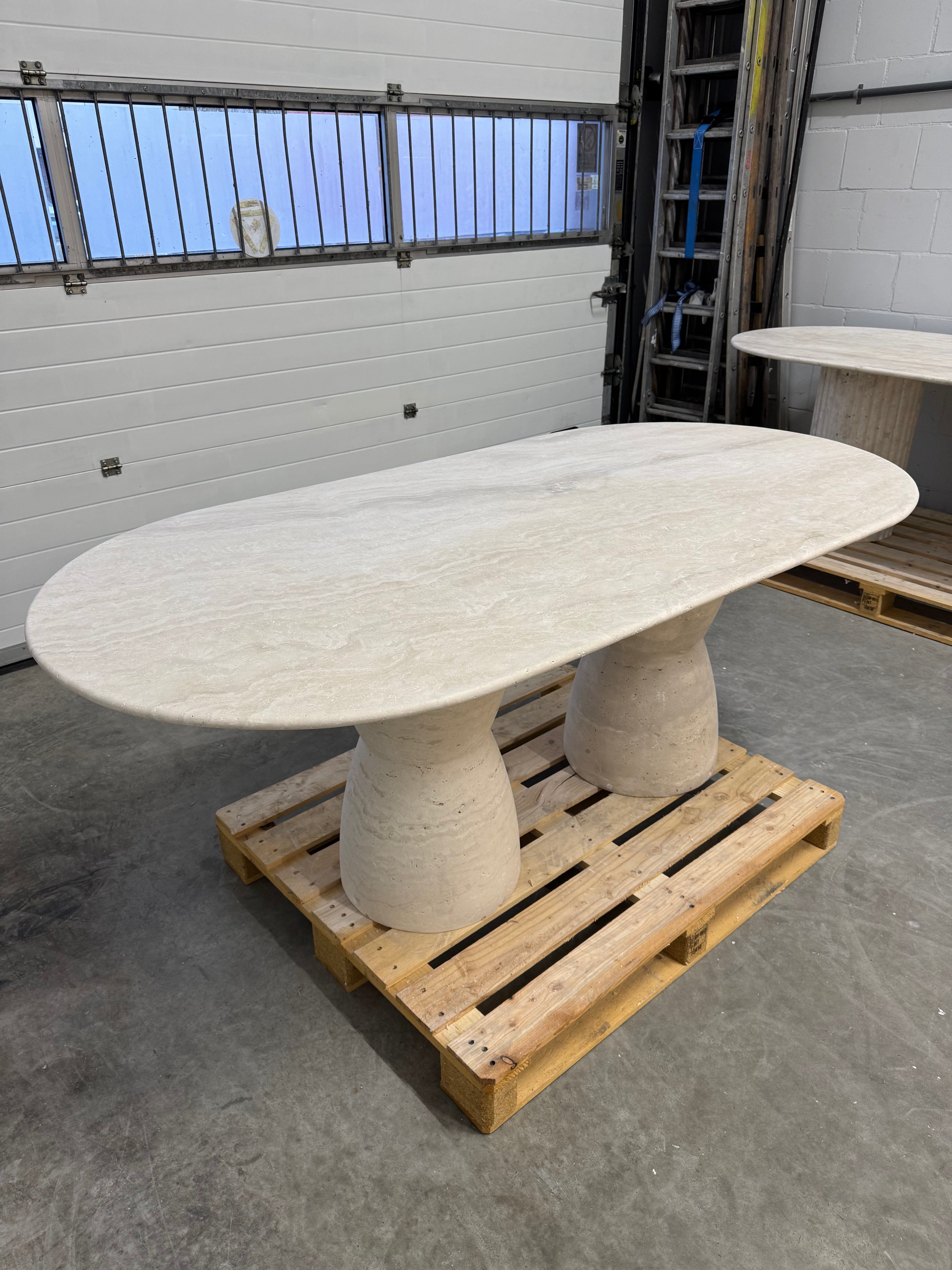 Solid Travertine Dining Table – Oval Hourglass Base