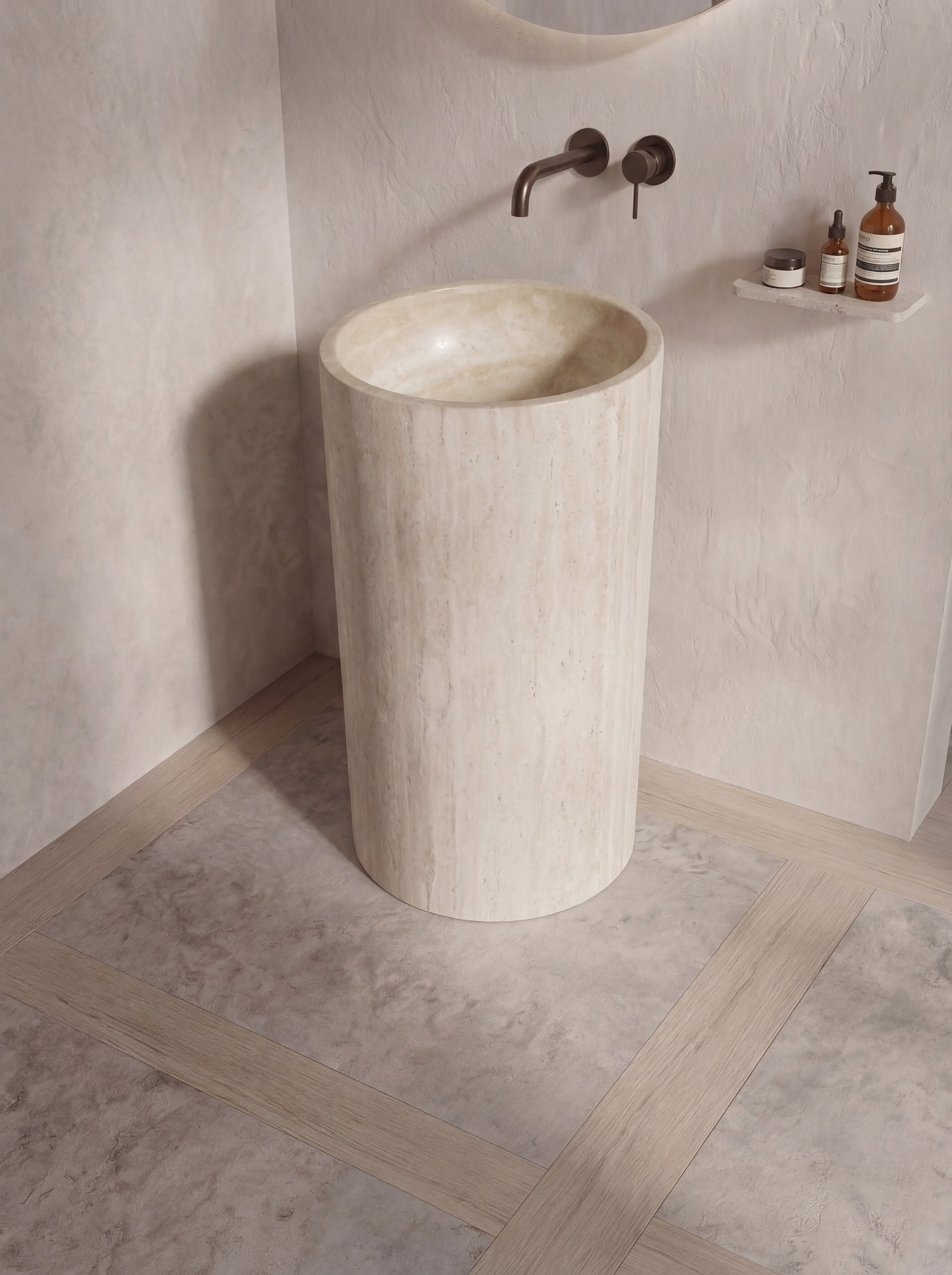 Solid Travertine Pedestal Sink – Smooth Bore
