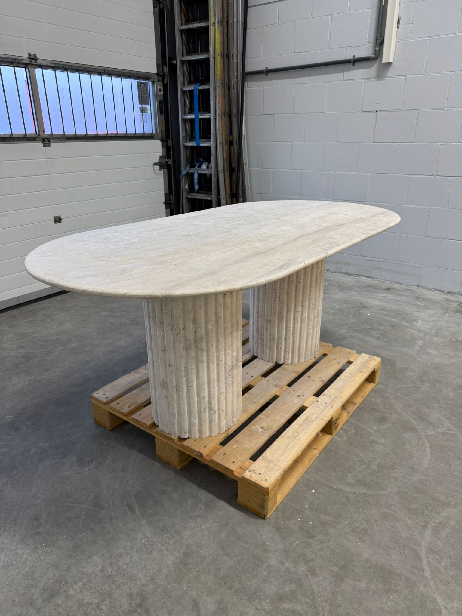 Solid Travertine Dining Table – Danish Oval/ Fluted Base