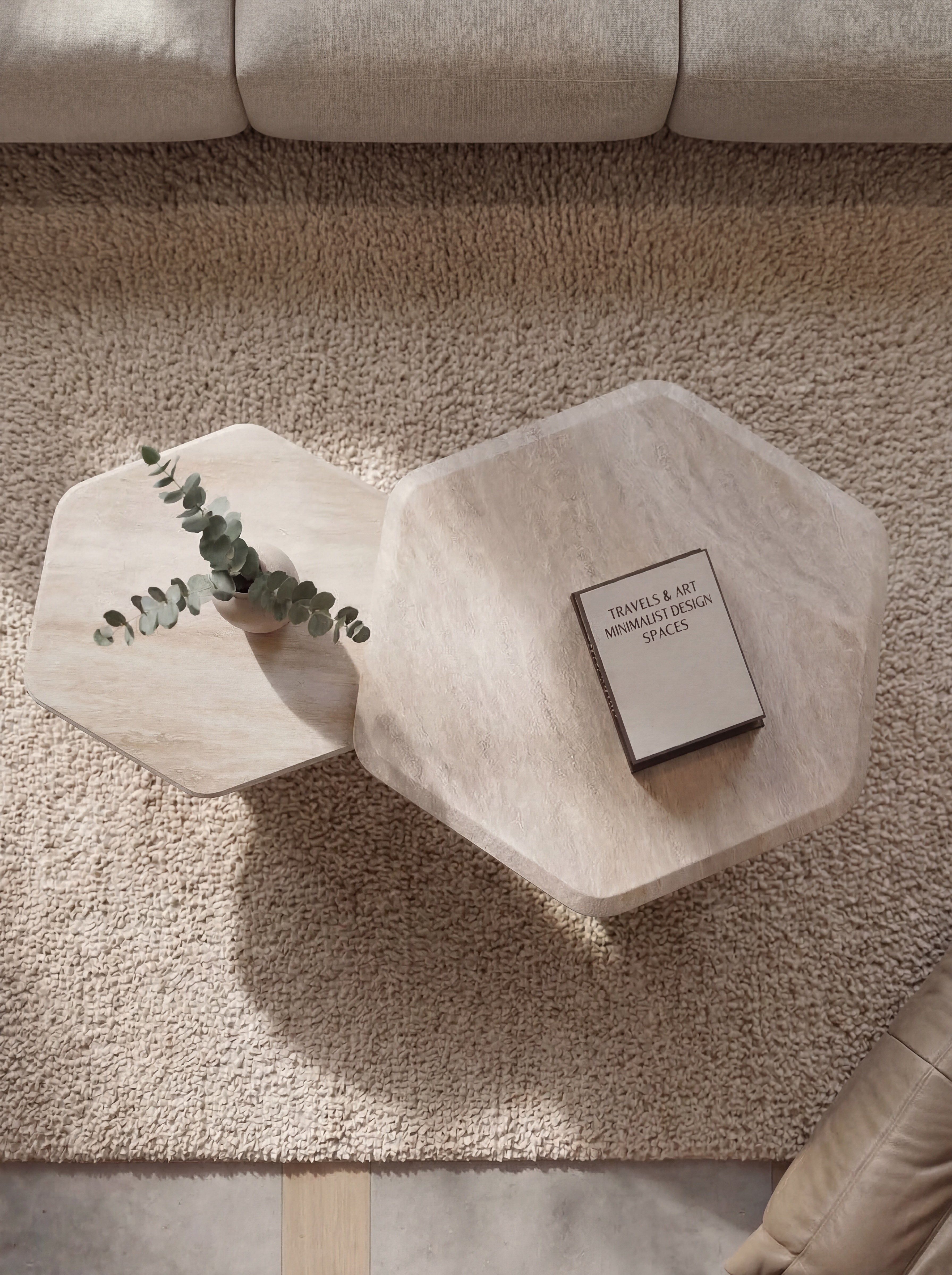 Solid Travertine Coffee Table Duo – Hexagonal Twin
