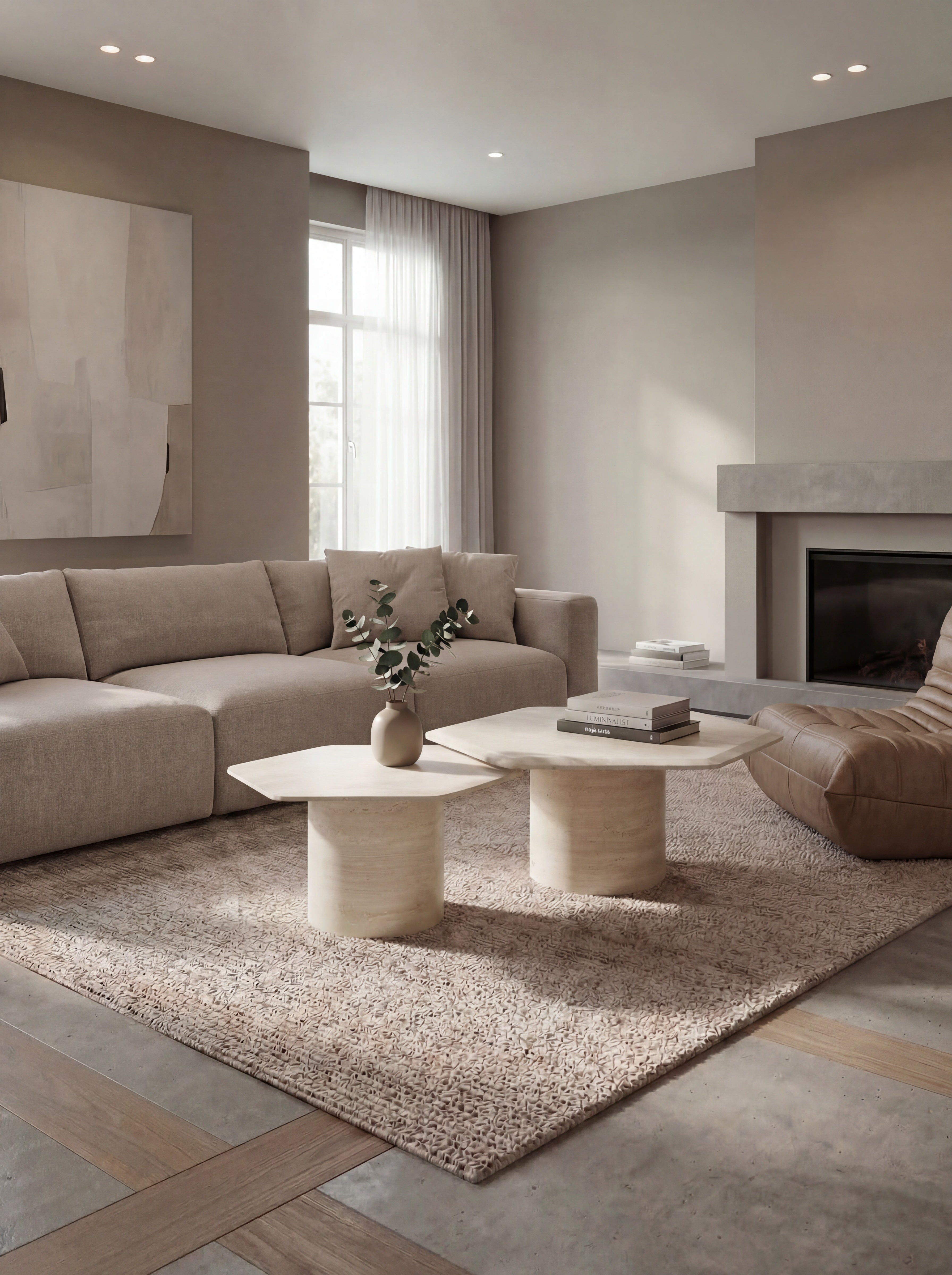 Solid Travertine Coffee Table Duo – Hexagonal Twin